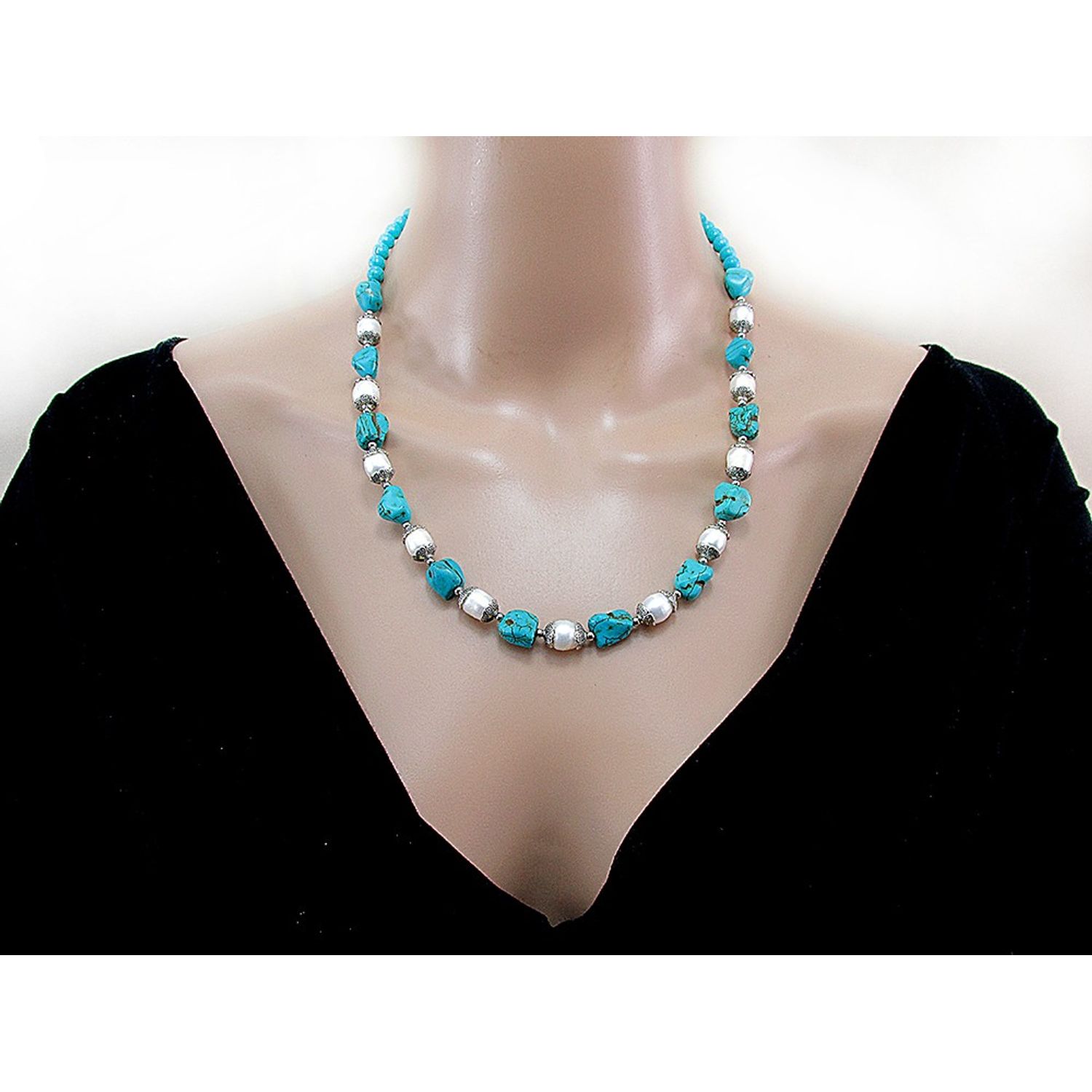 Colier boho chic cu pepite turcoaz si perle fotografia produsului View 4 L