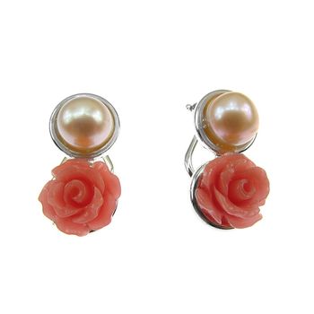 Cercei tip clips din argint cu trandafiri coral si perle oranj