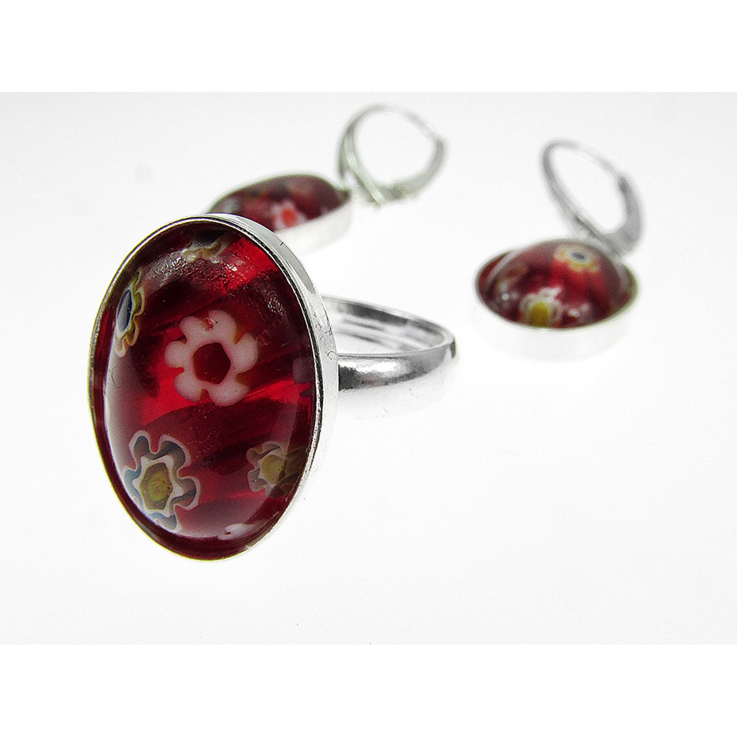 Set argint cercei si inel reglabil Millefiori rosu mix fotografia produsului View 4 L