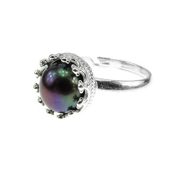 Inel argint reglabil coroana cu perla de cultura neagra 8 mm