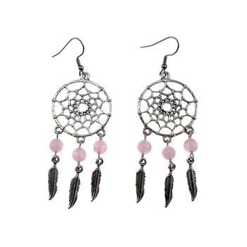 Cercei candelabru dreamcatcher cu cuart roz natural