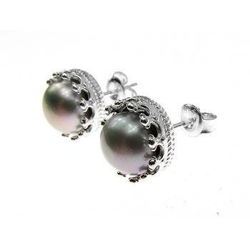 Cercei argint coroana perle de cultura gri 8 mm