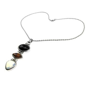 Colier inox cu pandantiv lung de onix, ochi de tigru si opalit