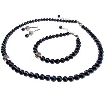 Set perle de cultura negre cu charm cubic zirconia roz