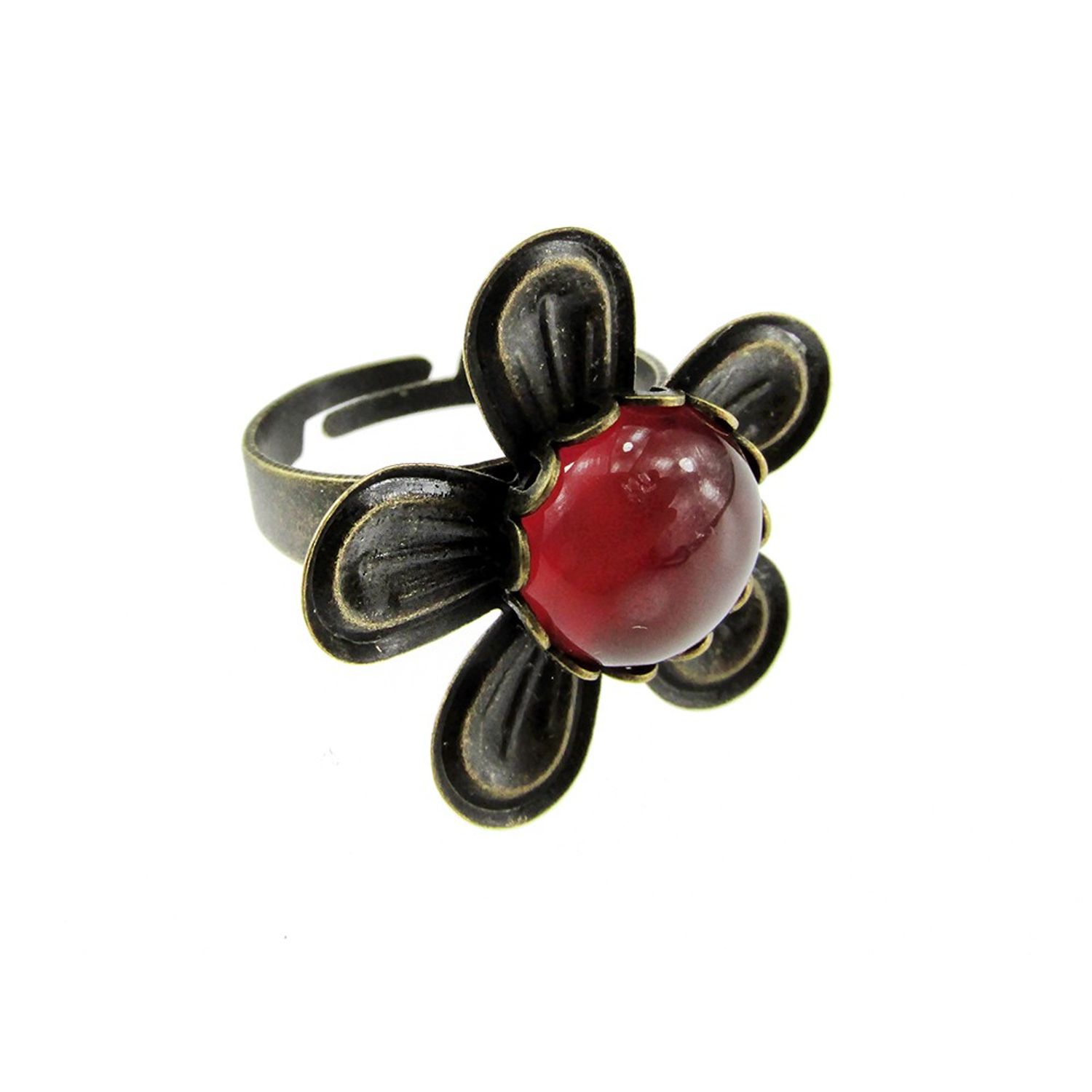 Inel reglabil bronz antic floare cu carneol fotografia produsului