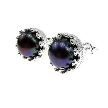 Cercei argint coroana perle de cultura negre 8 mm