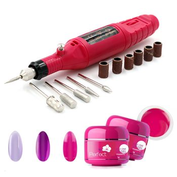 Pachet promo set manichiura freza electrica unghii 20000rpm roz si set 3 geluri uv color