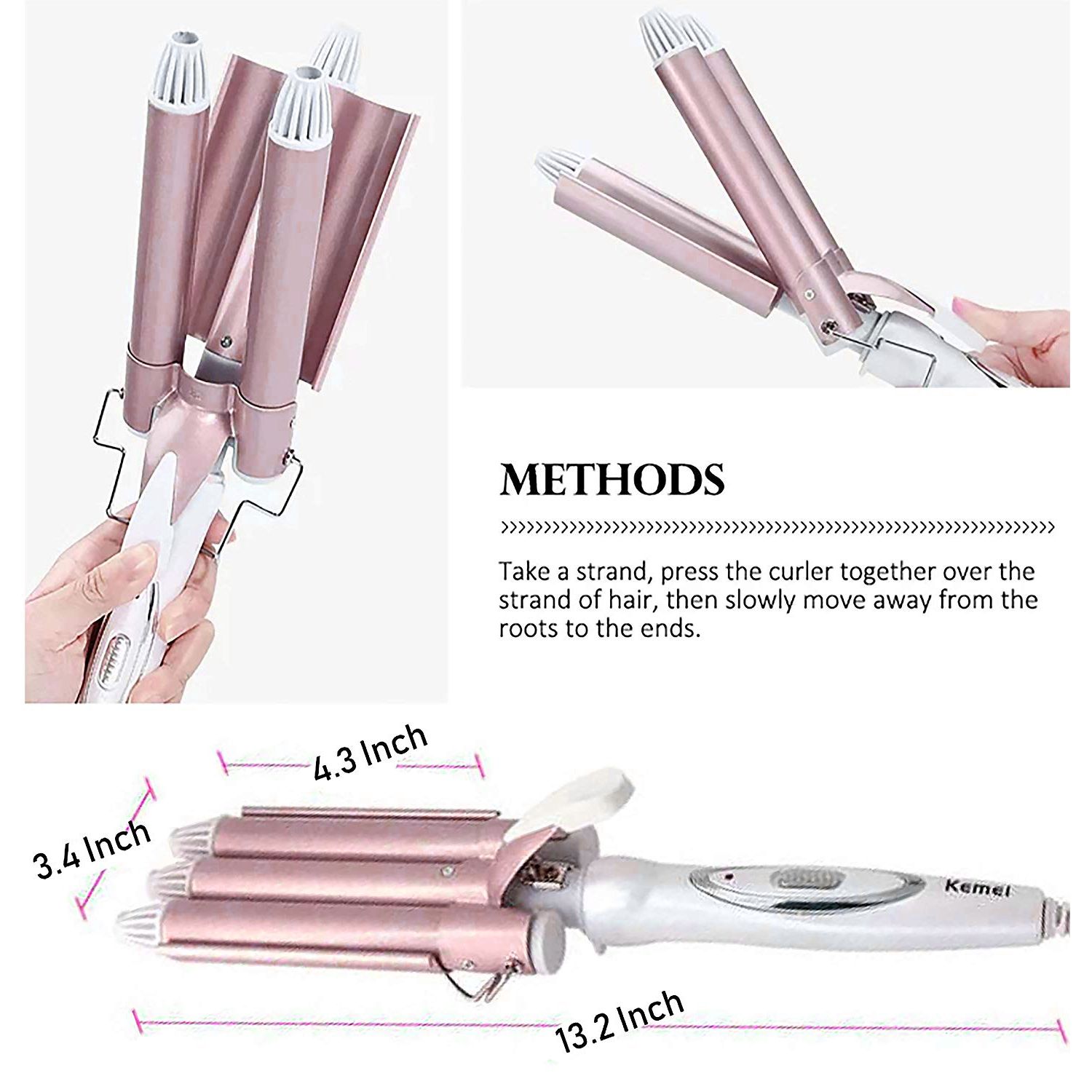 Ondulator Profesional Triplu Par 3 Tuburi 220 &deg;C, 50W, 21-30mm Grosime, Profesional Tourmaline Ceramic Rose Gold fotografia produsului View 3 L