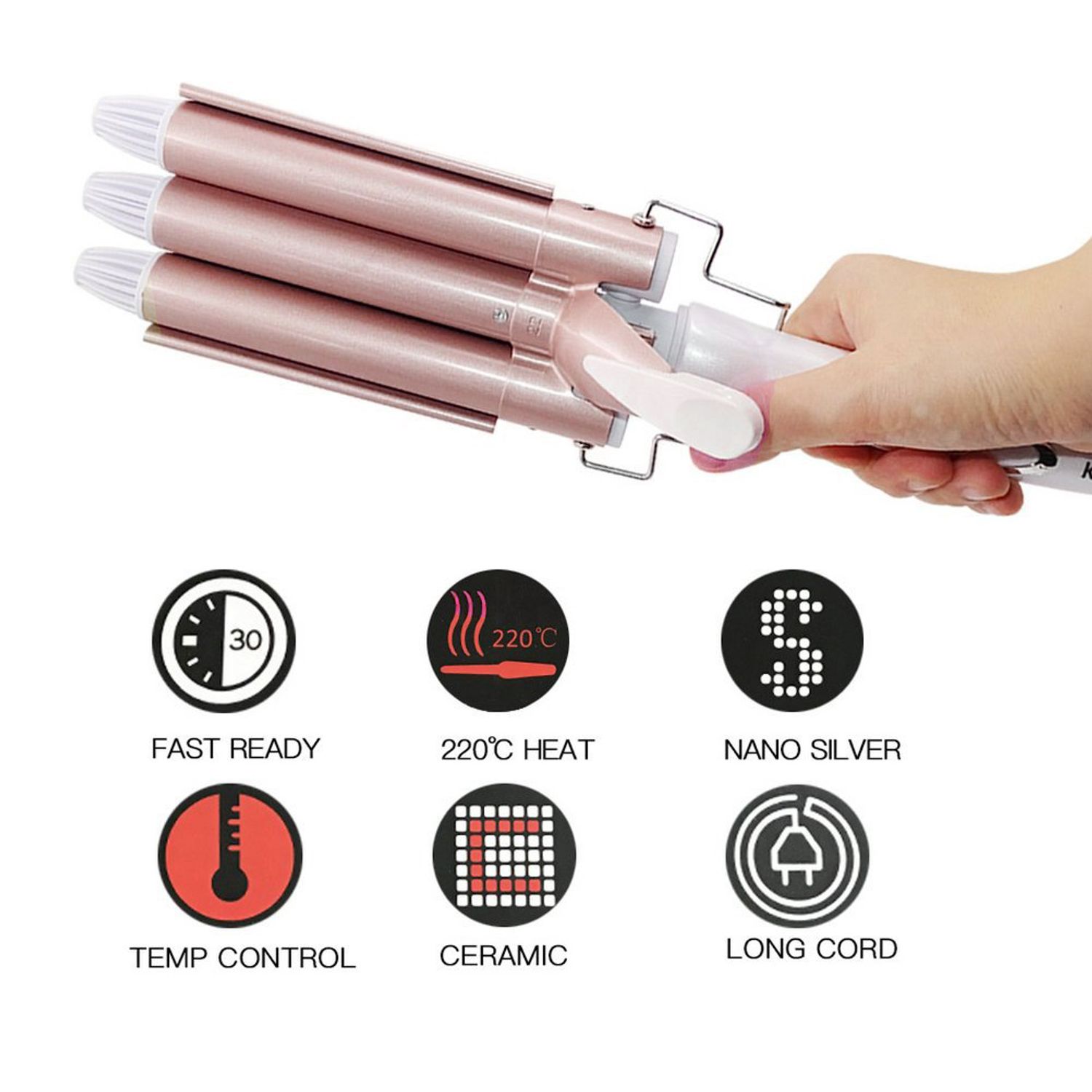 Ondulator Profesional Triplu Par 3 Tuburi 220 &deg;C, 50W, 21-30mm Grosime, Profesional Tourmaline Ceramic Rose Gold fotografia produsului View 8 L