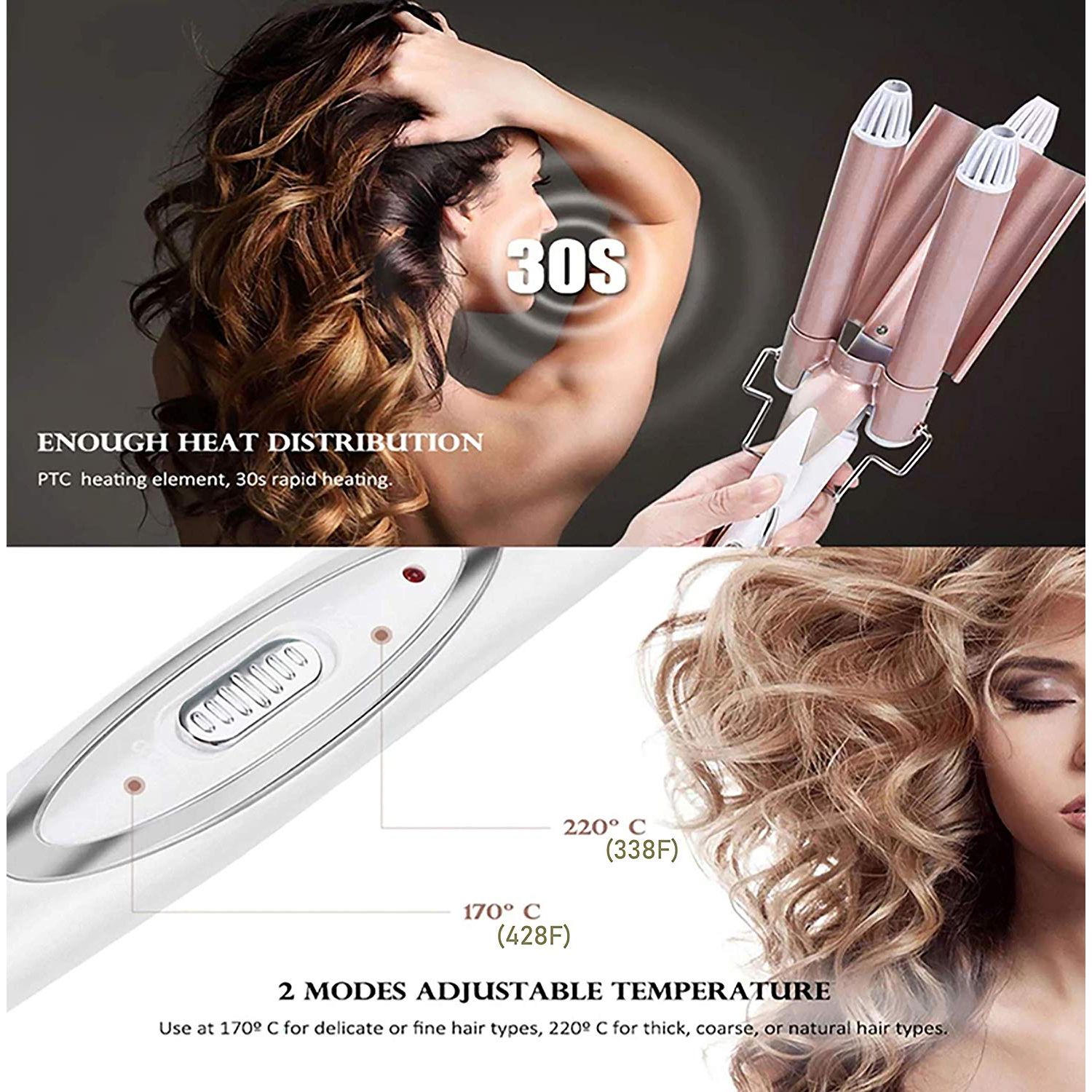 Ondulator Profesional Triplu Par 3 Tuburi 220 &deg;C, 50W, 21-30mm Grosime, Profesional Tourmaline Ceramic Rose Gold fotografia produsului View 2 L