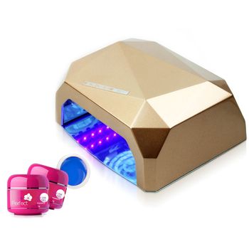 Set manichiura lampa unghii led unghii 54w hybrid profesionala- auriu + 3 geluri uv color totulperfect