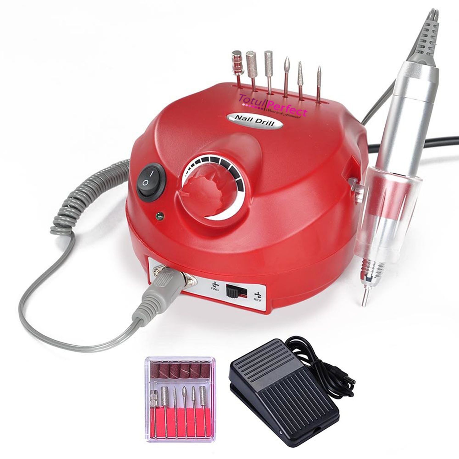 Freza Unghii Electrica Profesionala TotulPerfect Nail Master EN202-White, cu Pedala, 35000RPM, Red + Decor Unghii Cadou! fotografia produsului