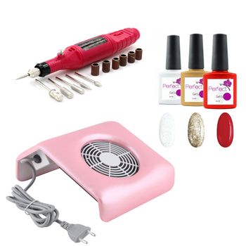 Set manichiura freza electrica unghii 20000rpm roz+ mini aspirator roz + set 3 oje semipermanente 3in1