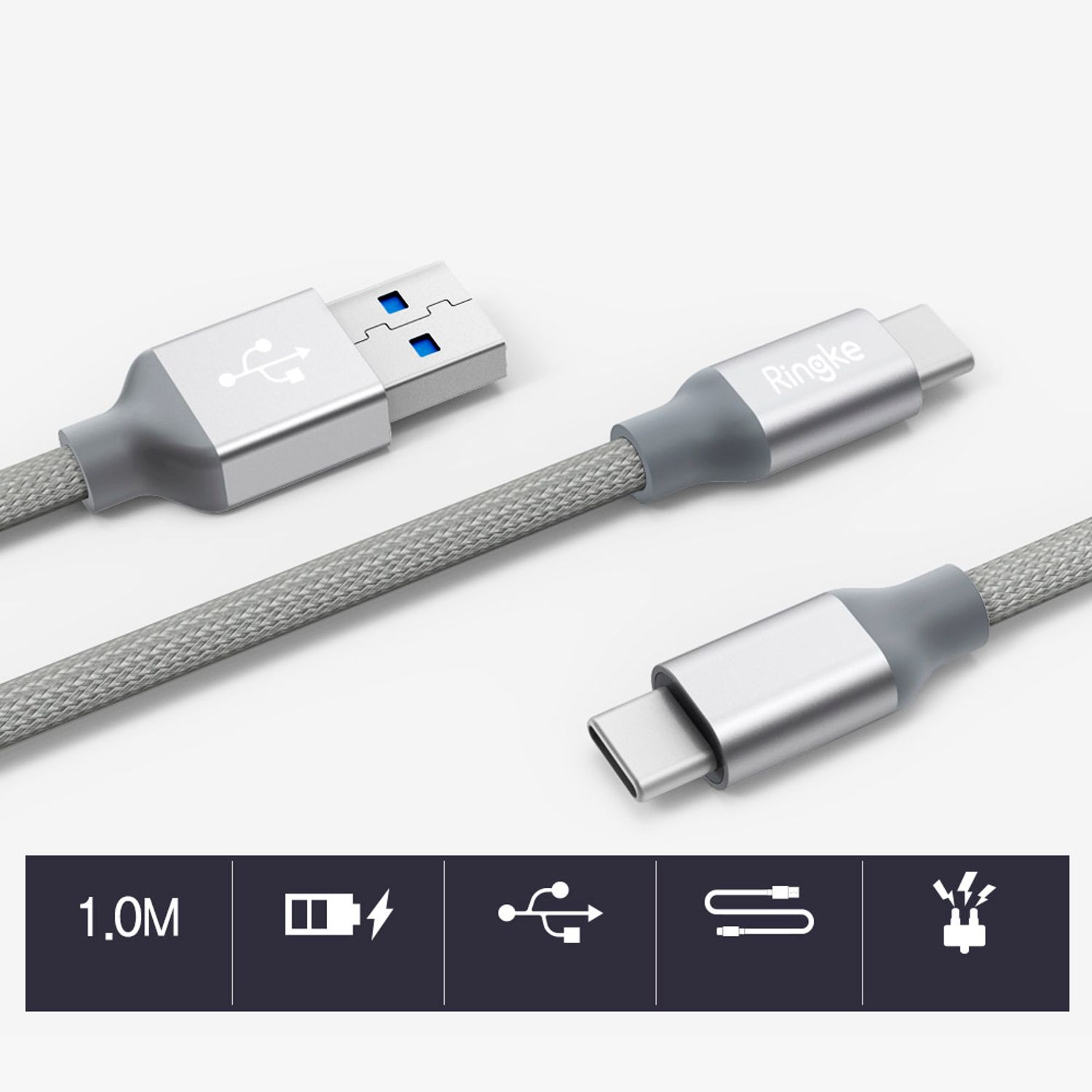 Cablu date premium Ringke - USB 3.0 to Type-C, 1 m - Gray fotografia produsului View 2 L