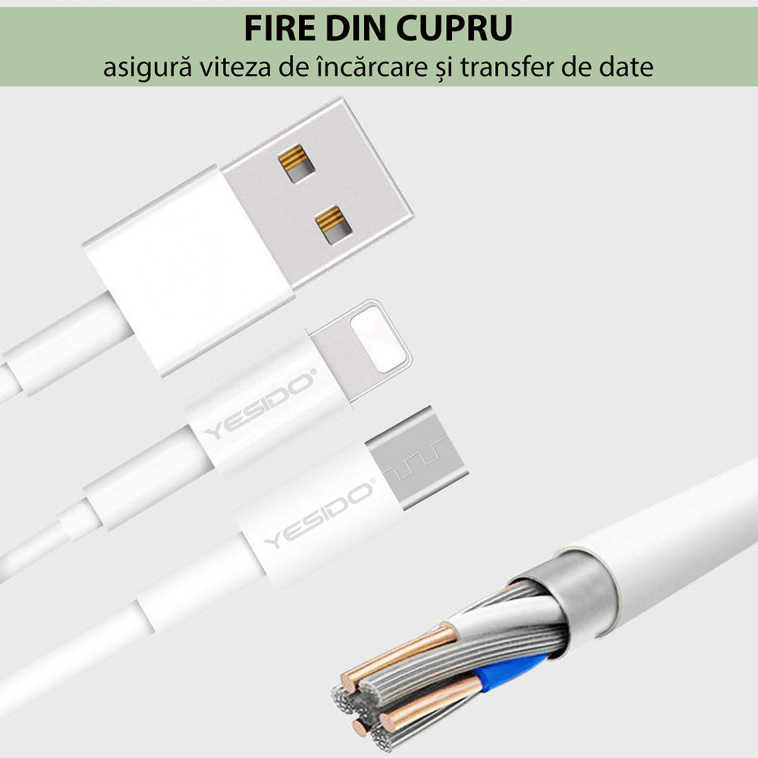 Cablu date Yesido - USB to Type-C, 2.4 A, 1.2 m - White fotografia produsului View 3 L