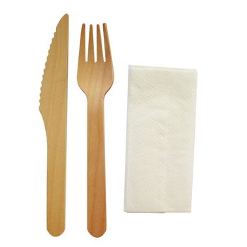 Set tacamuri lemn, biodegradabile, furculita/cutit/servetel
