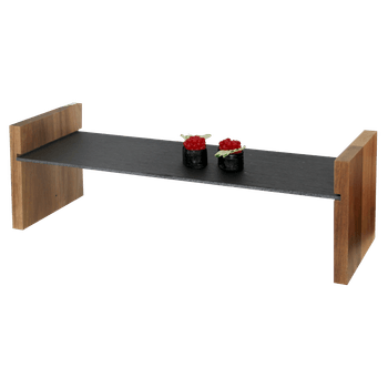 Set platou ardezie 43x15x0,4cm cu suport din lemn salcam 15x15x1,5cm
