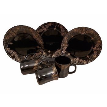 Set 6 farfurii si 6 cani negru cu decor auriu