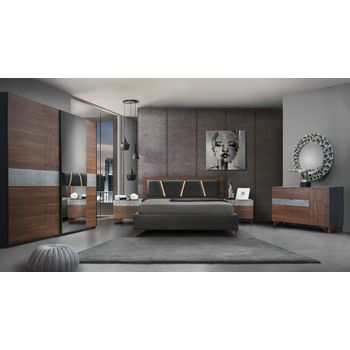 Dormitor mercury, nuc/antracit, pat 160x200 cm, dulap cu 2 usi culisante, 2 noptiere