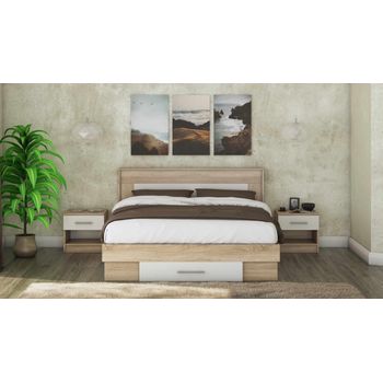 Pat beta cu saltea si noptiere, sonoma/alb, 140x200 cm