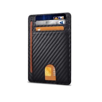 Port card ultra slim blocare rfid carbon din piele ecologica, negru