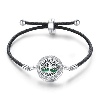 Bratara difuzor de ulei esential cu inchidere magnetica pentru aromaterapie sau parfum tree of life , curea piele neagra impletita