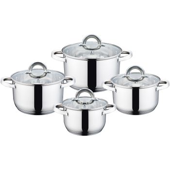 Set 4 cratita inox cu capac din sticla,16/18/20/22 cm, capacitate 1.9/2.7/3.7/4.7 ltr, grunberg gr1058