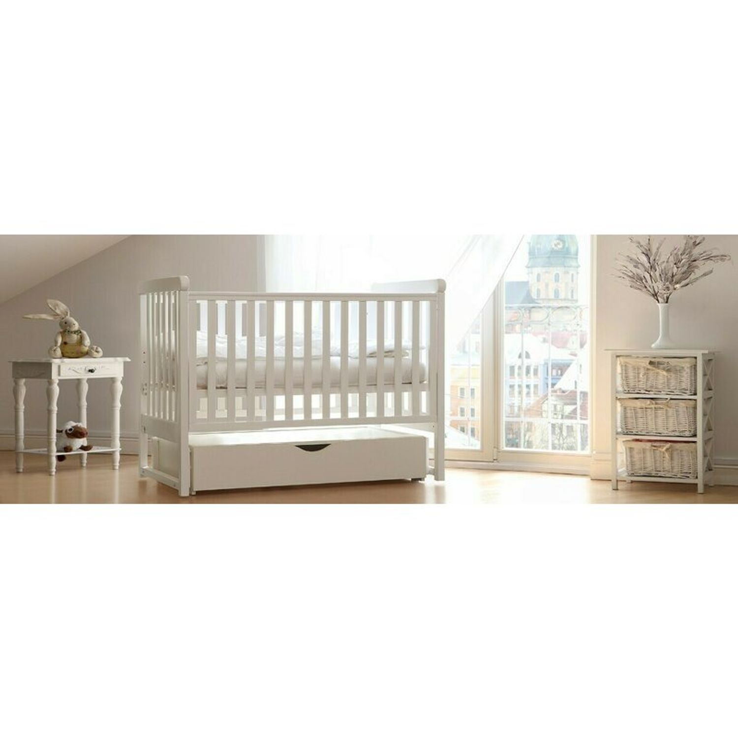 Patut cu sistem de leganare, laterala culisanta, sertar YappyMove din lemn de fag, YappyKids, 120x60 cm, Alb fotografia produsului View 5 L