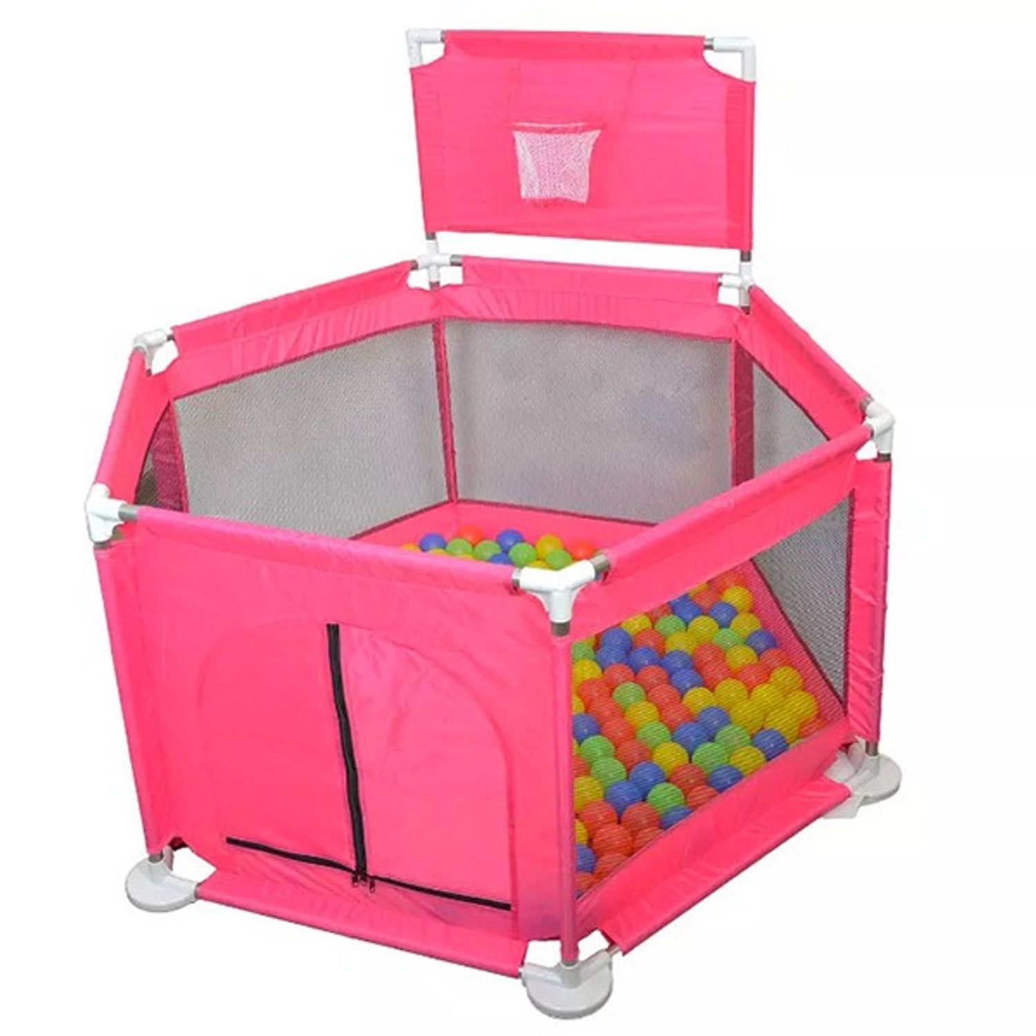 Tarc copii cu cos de baschet si 50 bile colorate, Loc de joaca cu usa laterala, Roz, Metal, Protectii de plastic, Interior - Exterior fotografia produsului