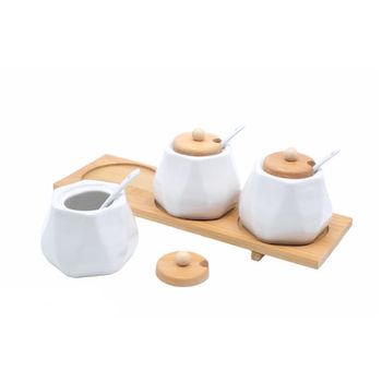 Set 3 borcane pentru condimente cu suport inclus, lemn/ceramica