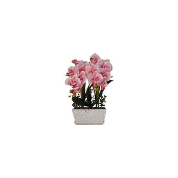 Orhidee artificiala roz cu alb, ghiveci ceramic