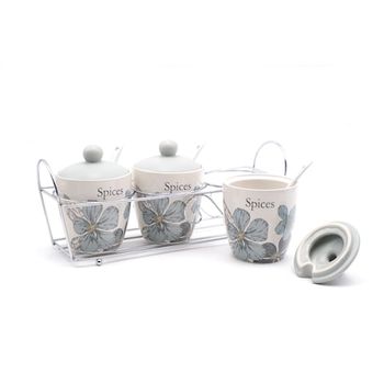 Set 3 borcane pentru condimente cu suport inclus, ceramica/metal