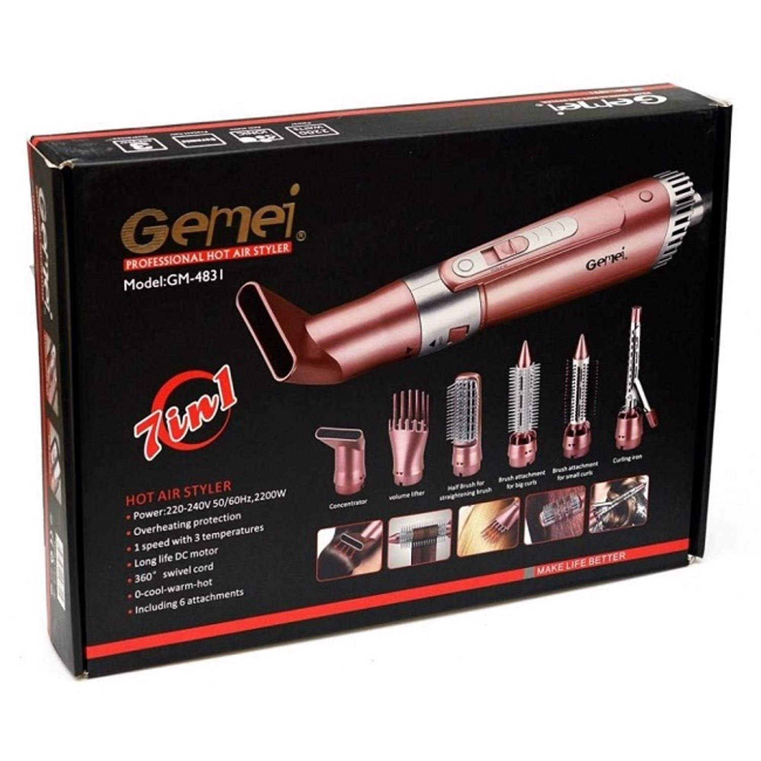 Set Uscator De Par Gemei,  7 Accesorii, 3 Trepte De Temperatura, 2200W,  Pink/Silver fotografia produsului View 3 L