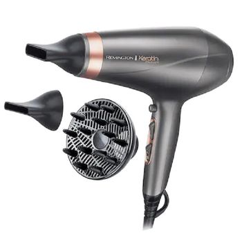 Uscator de par cu motor putere 2200 w remington keratin protect, inel avansat cu cheratina si ulei de migdale,gri/roz