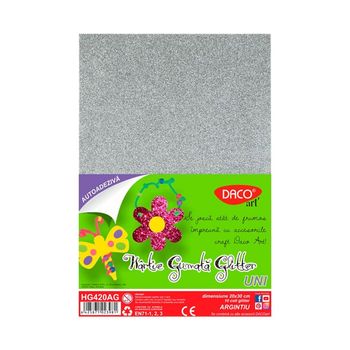 Set 10 Coli Hartie Gumata Glitter Autoadeziva A4 Daco Art, Argintiu