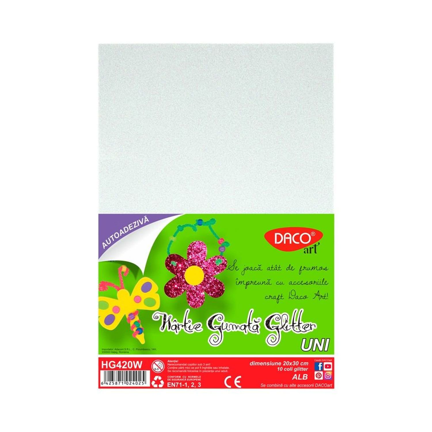 Set 10 Coli Hartie Gumata Glitter Autoadeziva A4 Daco Art, Alb fotografia produsului