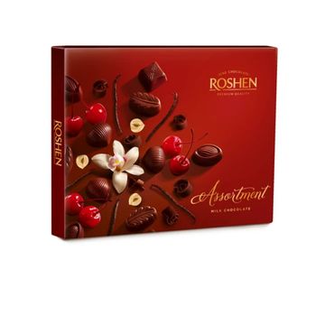 Praline de ciocolata cu lapte roshen assortment elegant, cu umplutura de alune si visine
