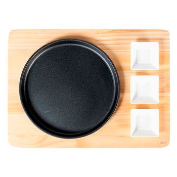 Set 5 piese servire, platou lemn cu placa fonta si boluri portelan
