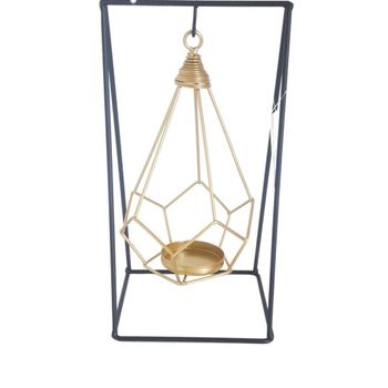 Suport cu cadru suspendat pentru lumanare, metal, 15x12x28cm, negru si auriu