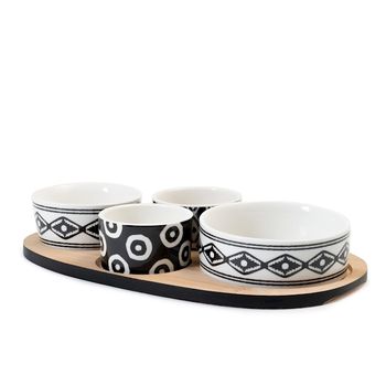Set servire 4 boluri portelan cu suport bambus, oval, etnic, 28x16 cm
