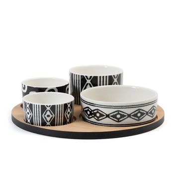 Set servire 4 boluri portelan cu suport bambus, etnic, 22x22 cm