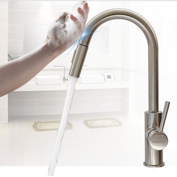 Baterie bucatarie cu dus extractabil, pipa cu touch pentru pornirea/oprirea apei,crom