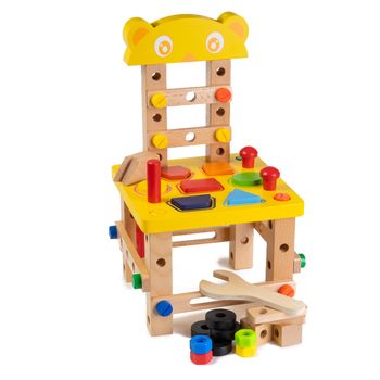 Banc de lucru multifunctional din lemn - scaunel si puzzle - 58 piese