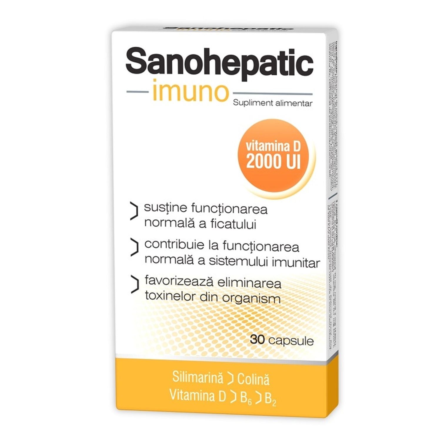 Sanohepatic Imuno, complex, de Sililmarina, Colina, Vitamina D, B6, B2 fotografia produsului
