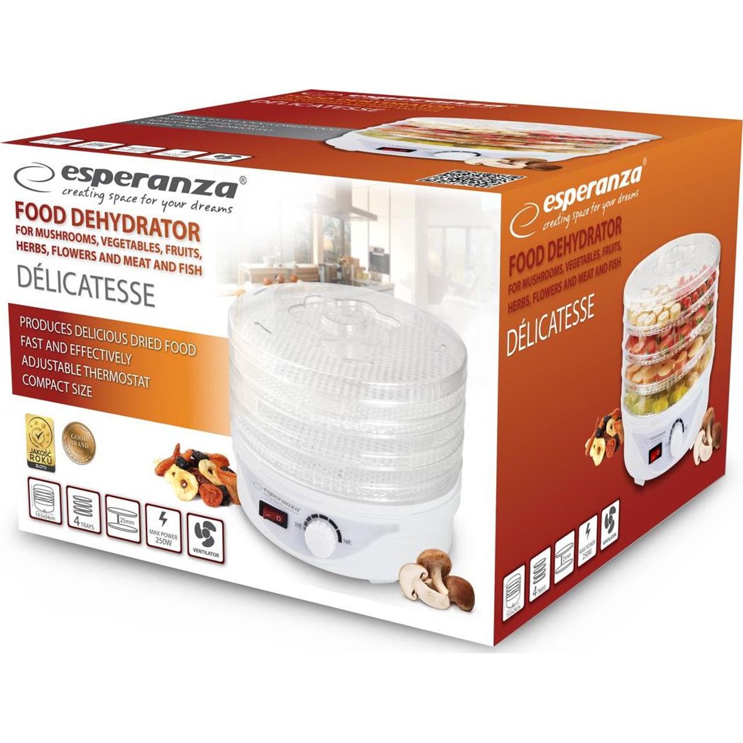 Deshidrator alimente Esperanza EKD003, 250W, 4 Compatimente, 8 Nivele de putere, Alb fotografia produsului View 2 L