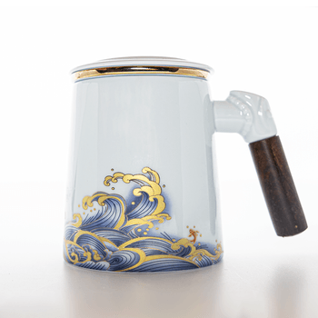 Cana Ceramica pentru Ceai, 450 ml, Maner din Bambus, Alb Boboshop imagine 2022