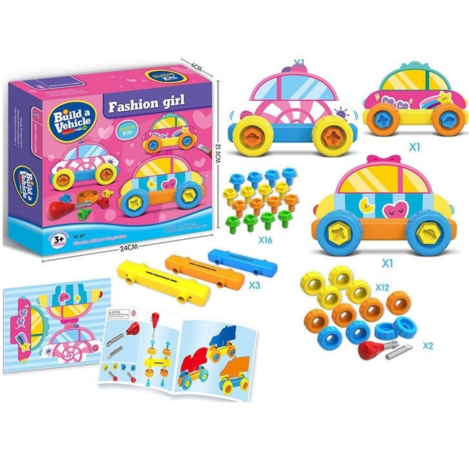 Set de constructie DIY, 3 masini Fashion, 34 piese fotografia produsului