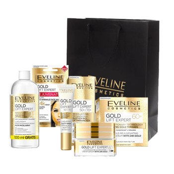 Set Eveline Cosmetics Gold Lift Expert 60+, Crema de fata, 50 ml, Crema de ochi, 20 ml, Apa micelara 500 ml, Masca elefant.ro