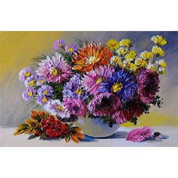 Tablou canvas Flori, crizanteme, mov, pictura, buchet, 90 x 60 cm elefant.ro imagine 2022 caserolepolistiren.ro