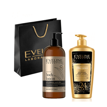Set Lotiune De Corp Eveline Cosmetics Luxury Expert 24K Gold, 350 Ml, Gel Pentru Fata Si Corp Organic Gold, 500ml